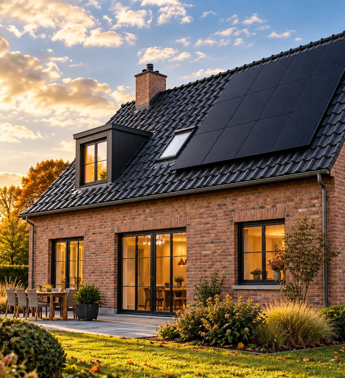 Maison en briques au toit noir au coucher du soleil